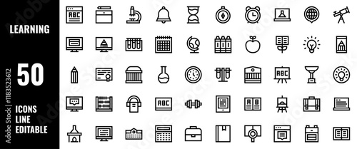 50 Learning Icons Set Pack Line Editable Vector Illustration	