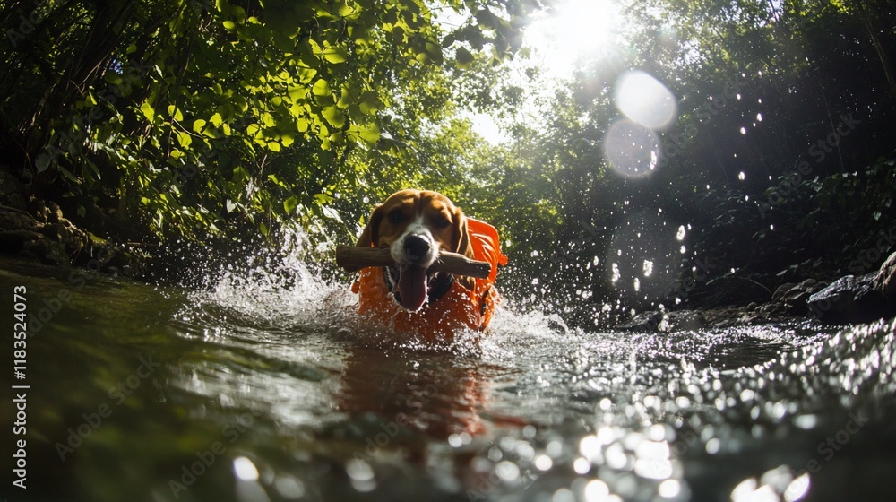 Fototapeta premium Beagle Dog Joyfully Playing in a Forest Stream