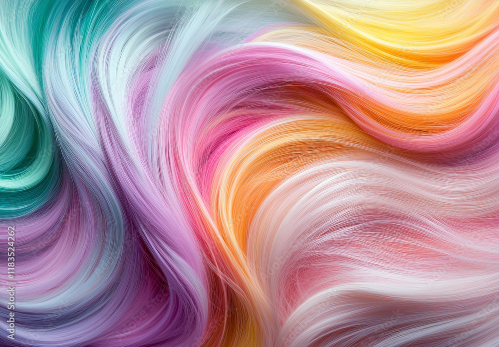 Waves of multicolored hair flow in pastel shades of pink, orange, green, and more. The vibrant strands cascade beautifully, creating a mesmerizing display of soft, flowing textures. Waves of multicolored hair flow in pastel shades of pink, orange, green, and more. The vibrant strands cascade beautifully, creating a mesmerizing display of soft, flowing textures.