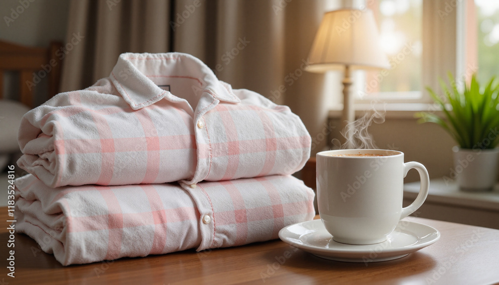 Cozy flannel pajamas folded on wooden nightstand, peaceful morning vibe Cozy flannel pajamas folded on wooden nightstand, peaceful morning vibe