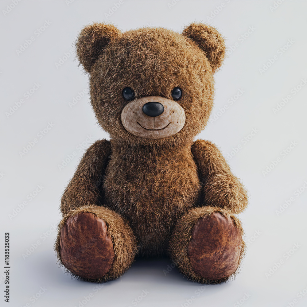 Fototapeta premium A plush teddy bear sits solo on a white backdrop. Its soft texture and adorable look make it perfect for children's projects or comforting, heartwarming visuals.