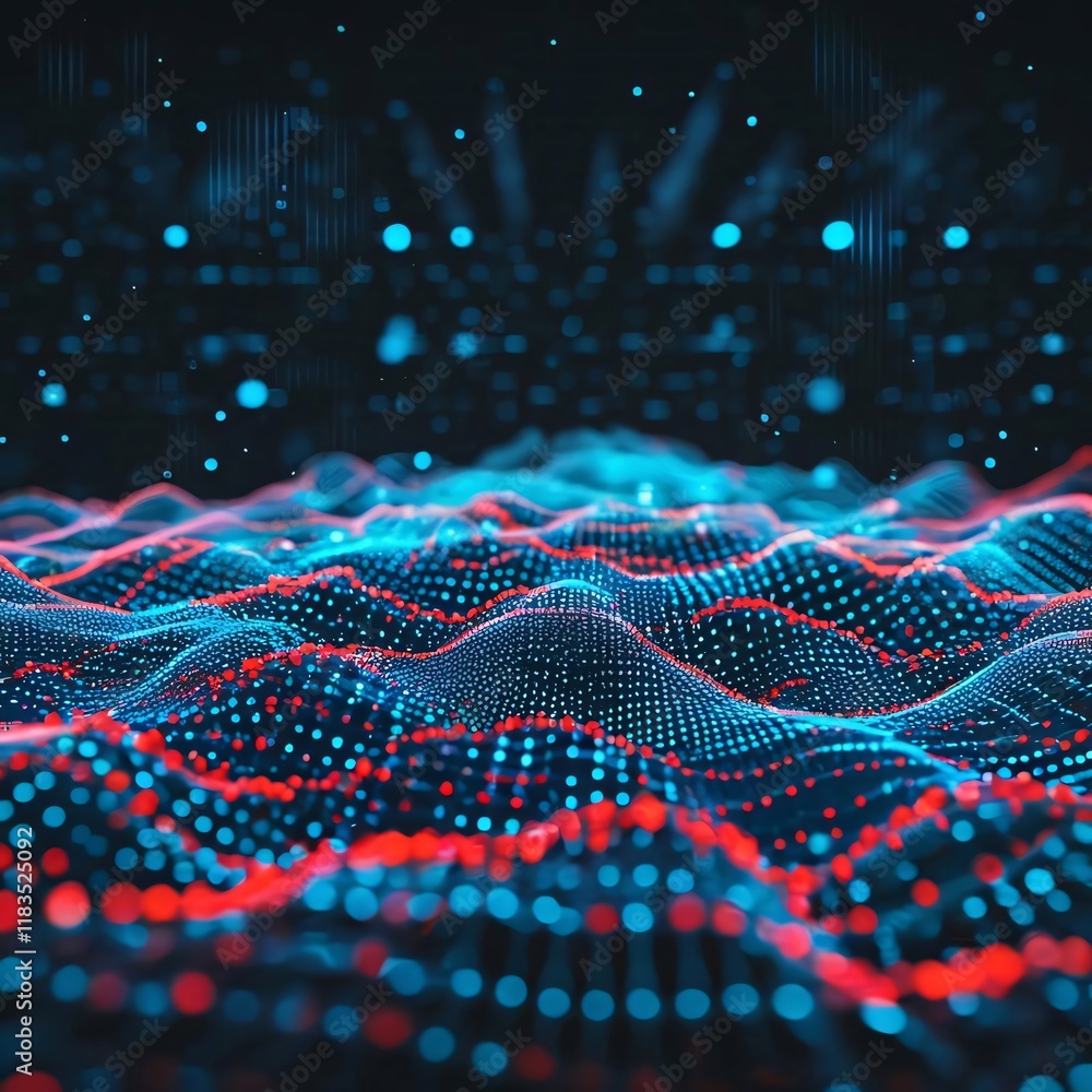 Digital landscape, data waves, particle background, tech concept. Digital landscape, data waves, particle background, tech concept.