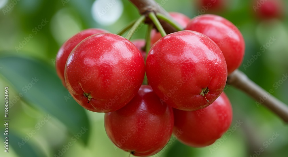 Juicy Red Cherries on Branch Fresh Fruit Summer Harvest Juicy Red Cherries on Branch Fresh Fruit Summer Harvest