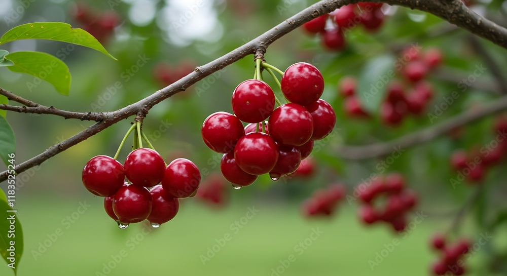 Juicy Red Cherries on Branch Summer Fruit Fresh Harvest Juicy Red Cherries on Branch Summer Fruit Fresh Harvest