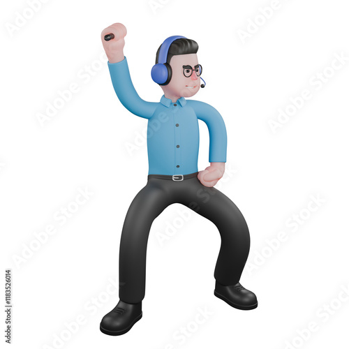 A male radio announcer stands with his left hand on his waist clenched into a fist