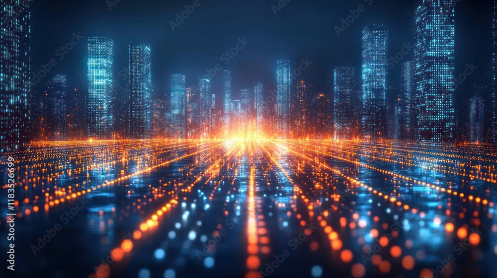 Futuristic cityscape at night with glowing digital lines. Futuristic cityscape at night with glowing digital lines.