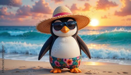 Adorable 3D Rendered Penguin Enjoying Summer Vacation on Tropical Beach at Sunset - Cute Animal Holiday Scene