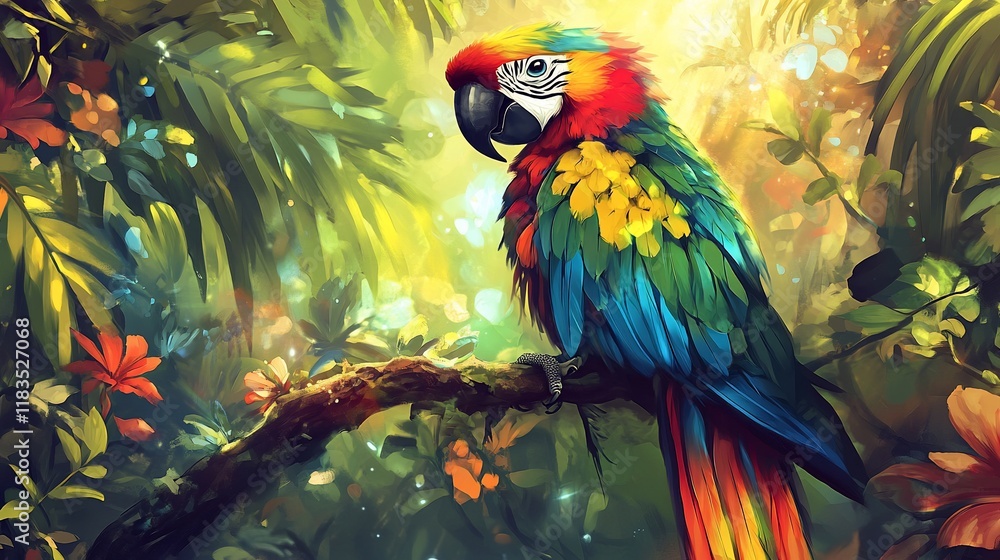 Fototapeta premium Vibrant Macaw in Lush Tropical Paradise: A Digital Painting
