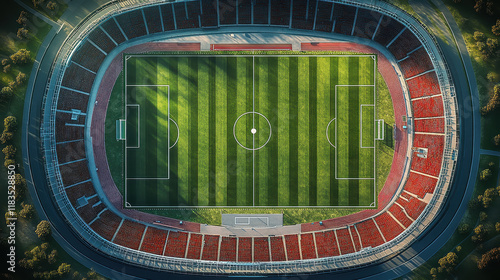 An aerial view of a large football stadium