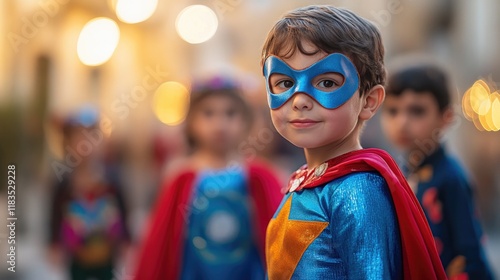 Brightly dressed child in superhero costume stands out among fri photo