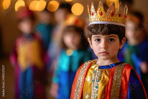 Colorful celebration captures young king in vibrant costume surr photo