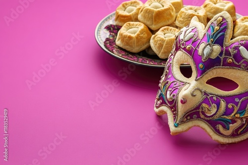 Colorful mask beside delicious hamantaschen on vibrant backgroun photo