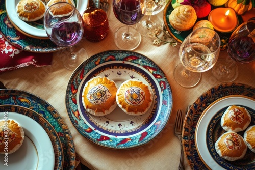 Colorful table setting featuring traditional hamantaschen pastri photo