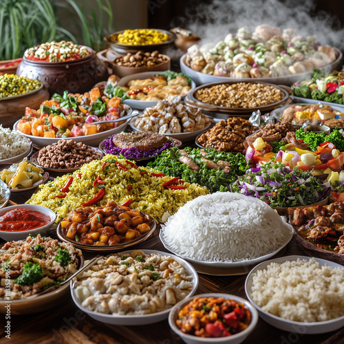  Traditional middle eastern feast with a variety of vibrant dishes displayed on a table, showcasing rich cultural flavors and colorful presentation photo