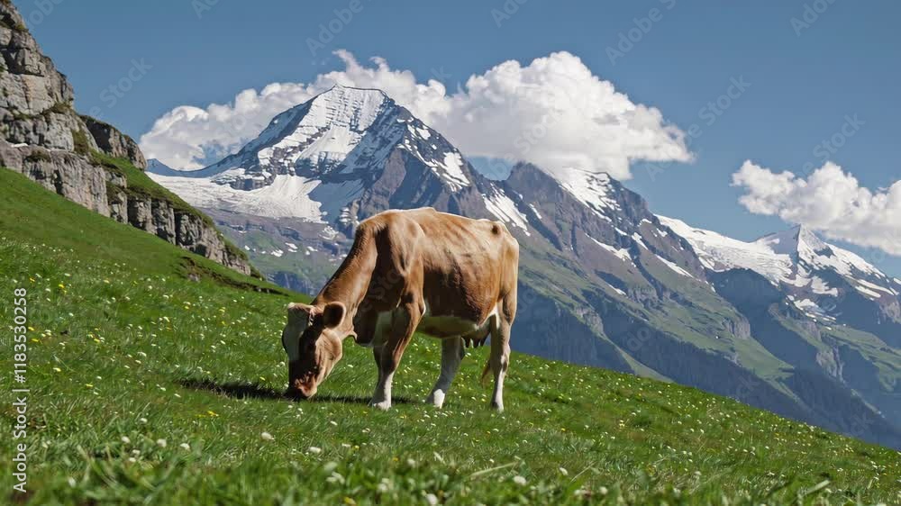 Cows Grazing in Scenic Alpine Meadow with Mountain Background Cows Grazing in Scenic Alpine Meadow with Mountain Background