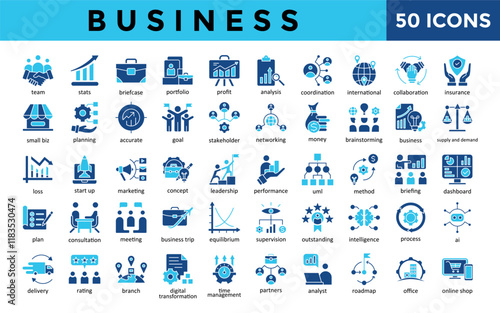 Business icons set with team, stats, briefcase, portfolio, profit, analysis, coordination, international, collaboration, insurance icon. Simple flat vector 
