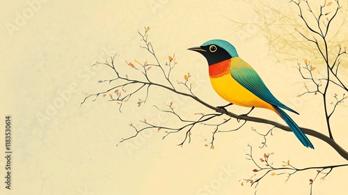 vibrant vector illustration of a colorful bird perched on a tree branch, showcasing nature and wildlife in digital artwork