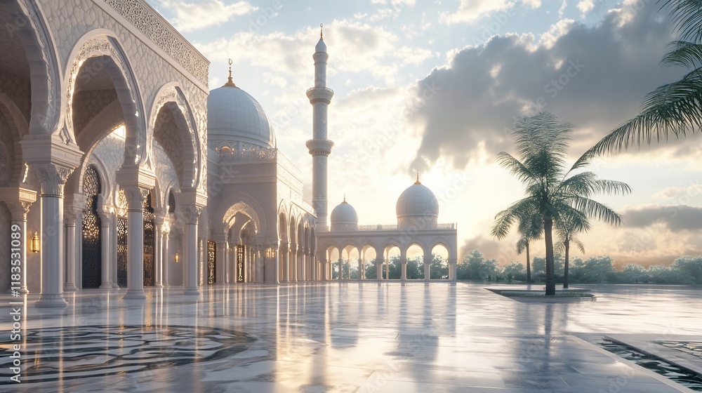 Fototapeta premium Serene Sunrise at the Grand Mosque: Architectural Marvel in the Middle East