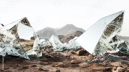 Shattered Reflections in the Desert: A Surreal Landscape of Broken Mirrors photo