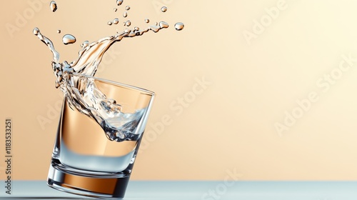 Glass of water is on a table with a splash of water coming out of it. Concept of movement and energy, as if the water is in motion. The glass itself is clear and transparent