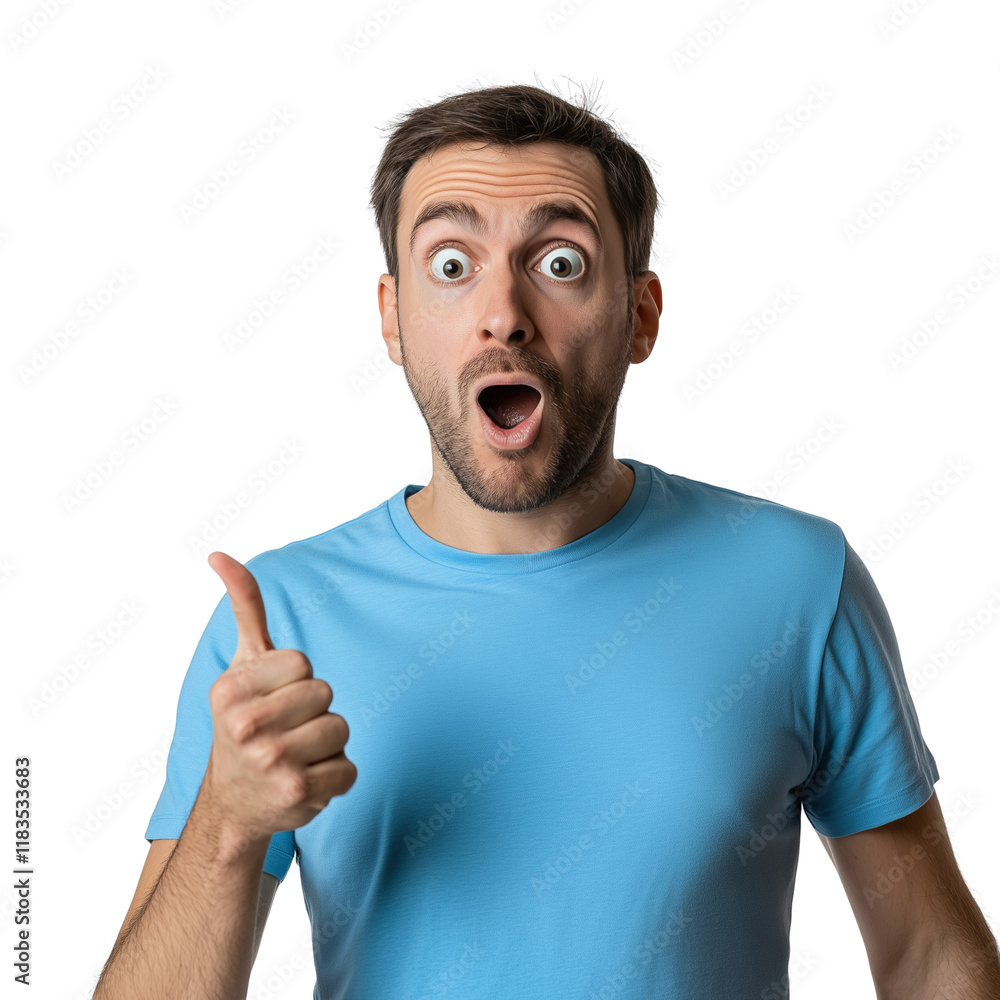 Surprised man in blue t-shirt, pointing at something, isolated on a transparent background, with studio lighting. Surprised man in blue t-shirt, pointing at something, isolated on a transparent background, with studio lighting.