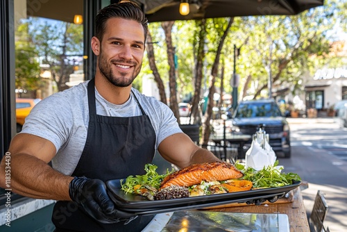 Food safety hygiene quality concept. A smiling chef presents a beautifully plated salmon dish outside a restaurant, showcasing culinary artistry and vibrant outdoor dining. photo