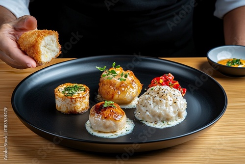 Food safety hygiene quality concept. Delicious gourmet dish presented on a black plate, showcasing various beautifully plated food items with vibrant garnishes. photo