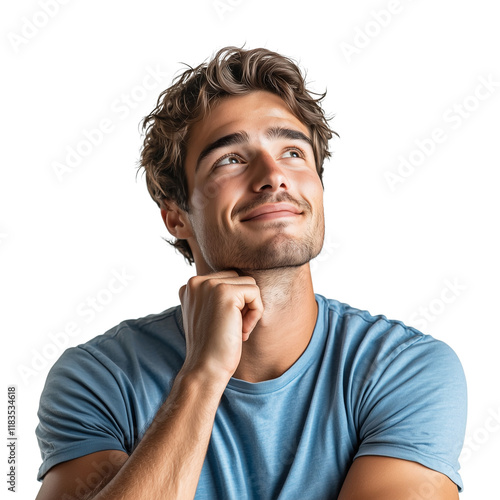 Smiling man in blue t-shirt, hand on chin, thinking about something amazing, isolated on a transparent background.