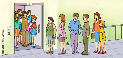 People waiting in line for the elevator in an apartment building. Cartoon.