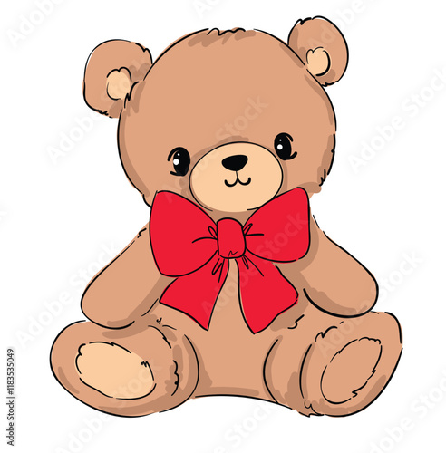 teddy bear and red bow vector hand drawn illustration cute print design for kids 