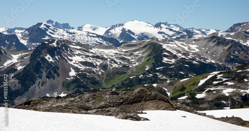 Canvas Print Scenic landscape of snow capped mountains and green meadows