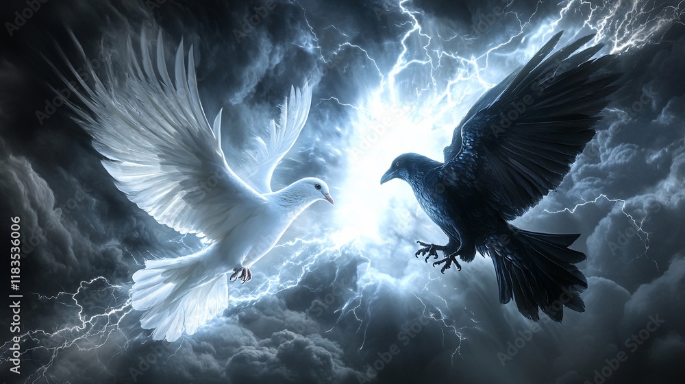 Fototapeta premium Opposing Forces: A Dove and a Raven Confront in a Thunderous Sky