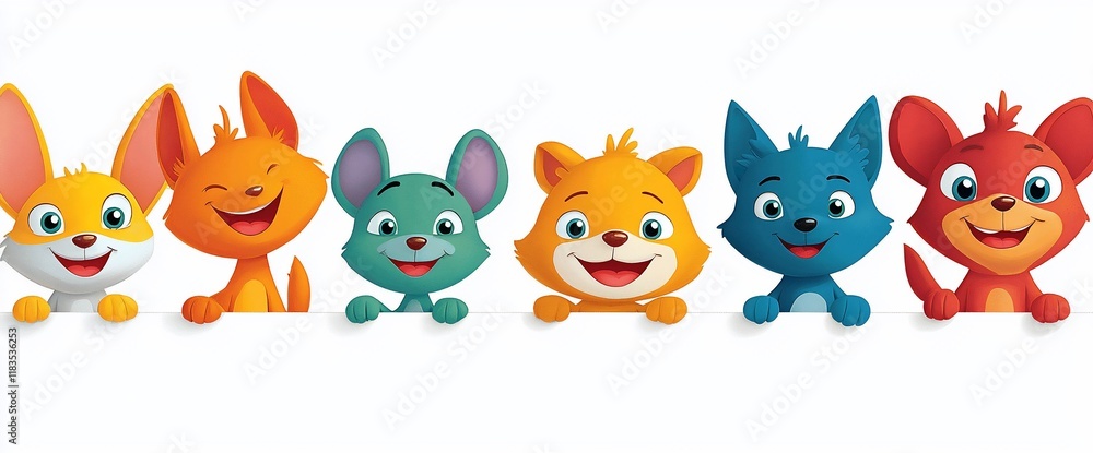 Naklejka premium Six adorable cartoon animals peeking over a white banner.