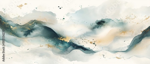 Abstract teal, gold, and white watercolor landscape painting.