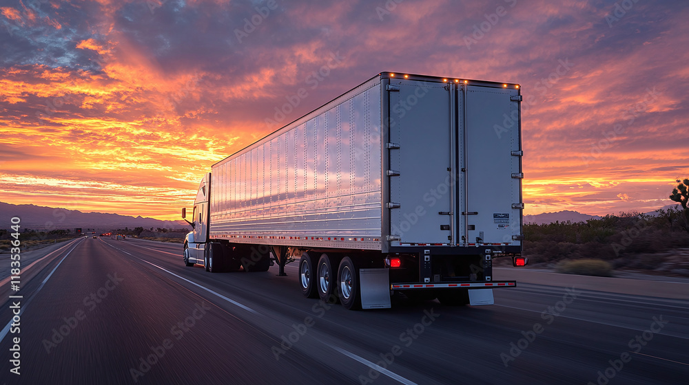 Rear view of truck with trailer driving on highway against background of beautiful sunset Rear view of truck with trailer driving on highway against background of beautiful sunset