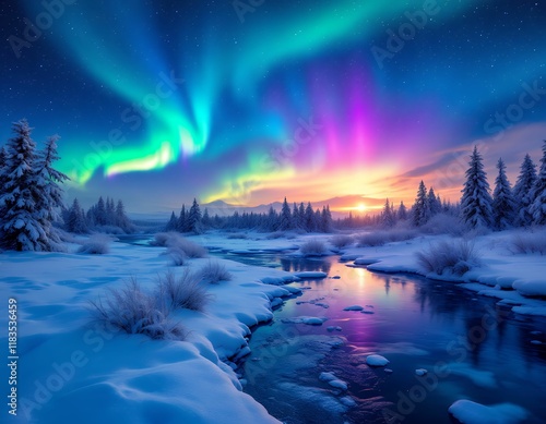 Aurora Borealis Winter Wonderland: Enchanting Snowscape with Colorful Lights photo