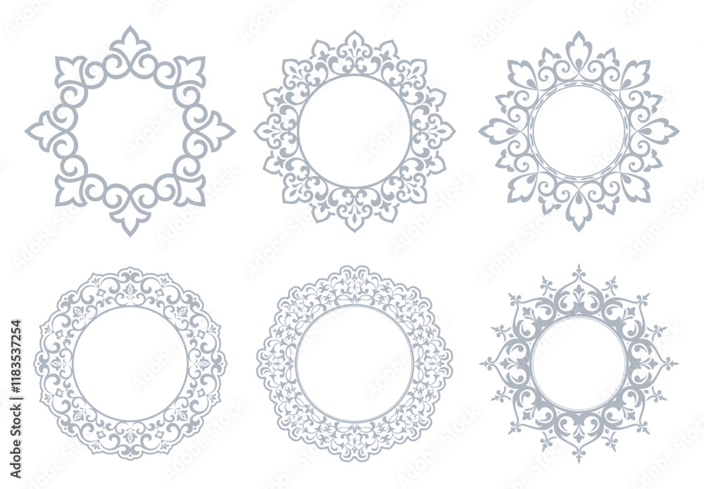 Set of decorative frames Elegant vector element for design in Eastern style, place for text. Floral gray and white borders. Lace illustration for invitations and greeting cards