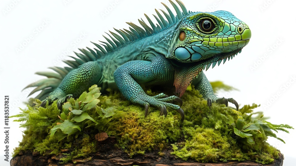 Obraz premium Vibrant Green Iguana on Mossy Base: A Realistic Artistic Display
