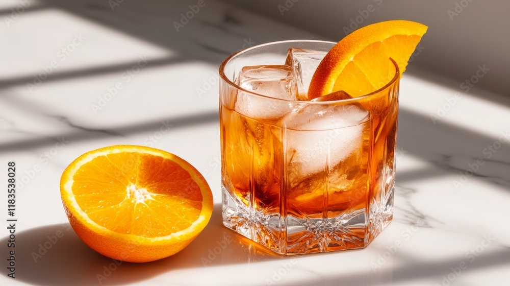 Glass of orange juice with a slice of orange on top. The glass is half full and the orange slice is on top of the ice Glass of orange juice with a slice of orange on top. The glass is half full and the orange slice is on top of the ice