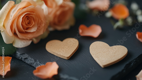Artistic composition of rose petals, wooden hearts, and flowers creates romantic atmosphere