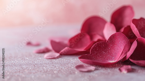 Close up of vibrant rose petals and delicate heart shapes, creating romantic atmosphere. Perfect for love themed designs and celebrations