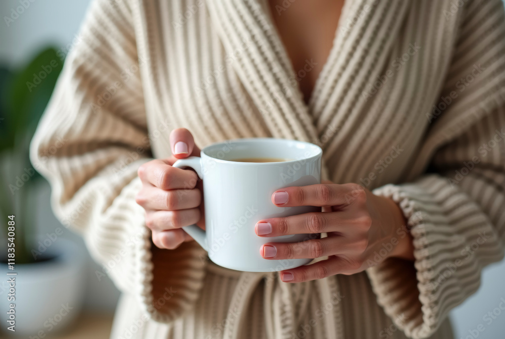 Woman in bathrobe holding mug in indoor setting Woman in bathrobe holding mug in indoor setting