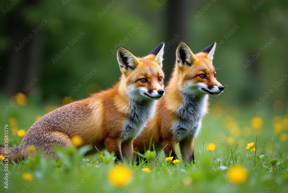 Fototapeta premium Two foxes in a meadow