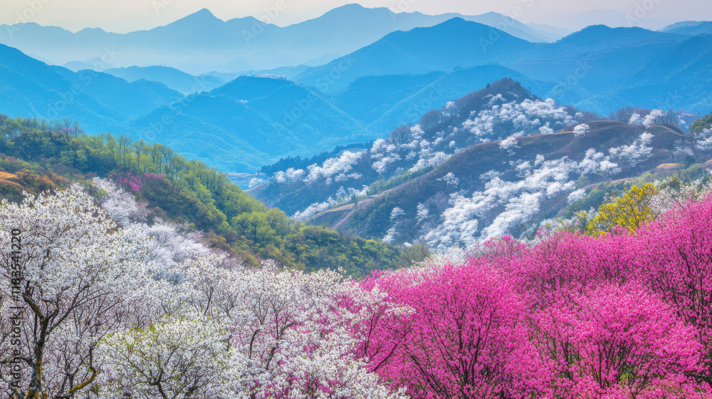 Spring Blossom Medley: Mountain Peach, Cherry, and Peach Flowers bathed in Gentle Sunlight, Embracing Nature's Beauty Spring Blossom Medley: Mountain Peach, Cherry, and Peach Flowers bathed in Gentle Sunlight, Embracing Nature's Beauty