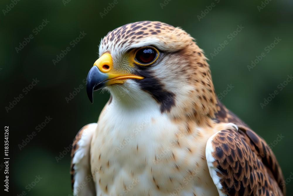 A focused hawk with sharp eyes and beak set against a green backdrop A focused hawk with sharp eyes and beak set against a green backdrop