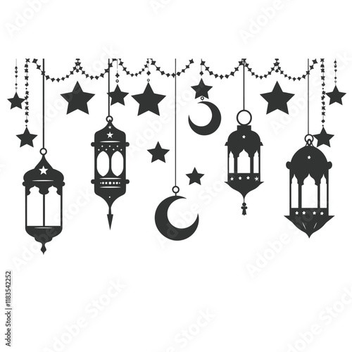 Ramadan lanterns decorations silhouette crescent vector
