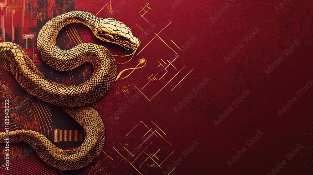 Obraz premium Bold and modern Chinese New Year wallpaper with a golden snake design, geometric patterns, and subtle zodiac elements on a deep red canvas.