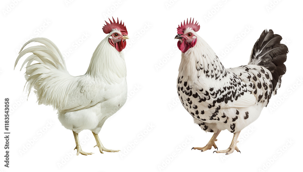 Fototapeta premium A White Rooster and a Spotted Hen, Isolated on Transparent and White Background