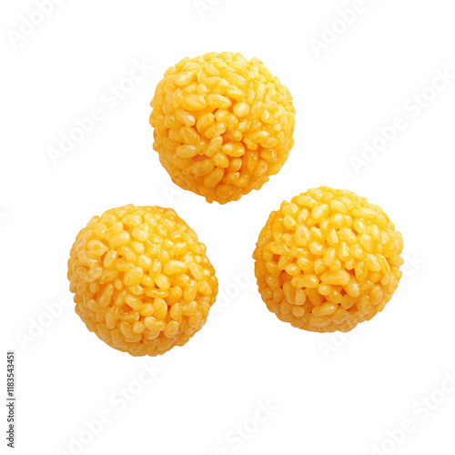 Yellow puffed rice balls with cheese, isolated on transparent background, high-res, studio shot, perfect for product ads. photo