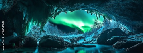 A dramatic perspective of a hidden cave system with rare stalactites and a vivid aurora borealis creating a magical illumination inside the cave, Cave system scene, Magical style photo